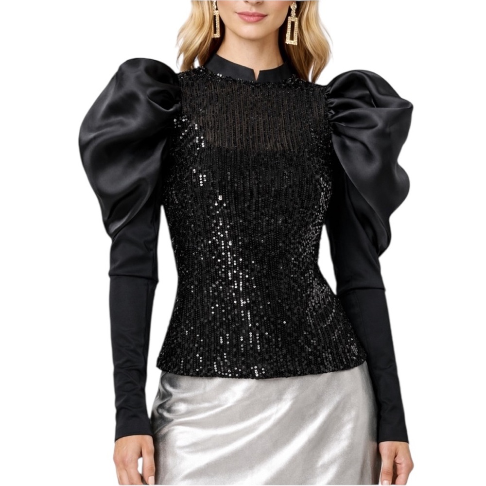 The Fotina Black Sequin Dramatic Tulle Sleeve Top